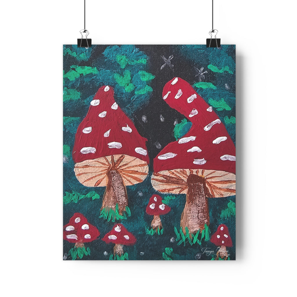 Mushroom forest giclée art print with red toadstools on a dark background