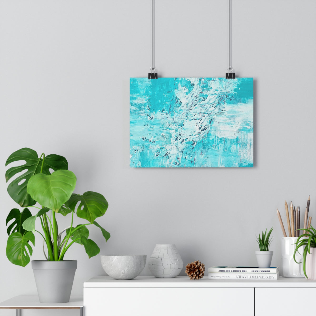 Abstract turquoise ocean giclée art print with white brushstroke texture