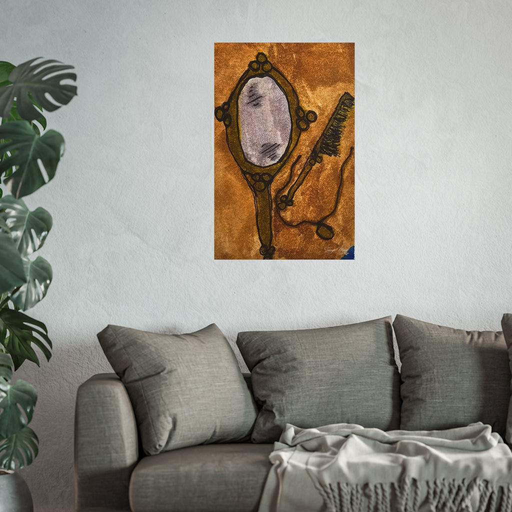 Framed poster artwork of vintage hand mirror and comb illustration in warm brown tones