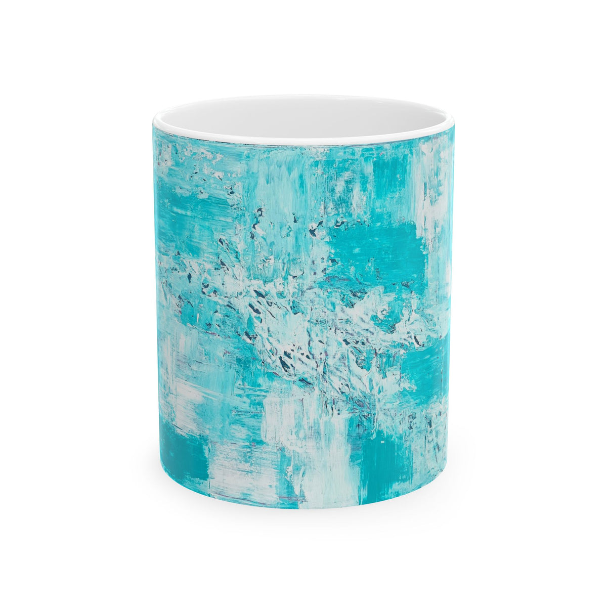 Turquoise abstract ceramic mug with white rim, ocean texture pattern
