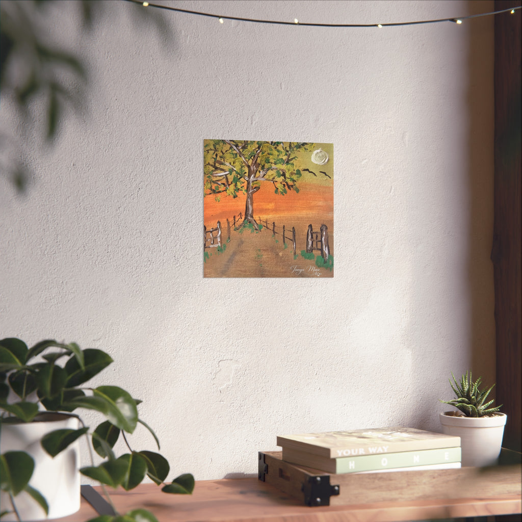 Sunset Path Fine Art Poster — Tree, Fence & Moon Landscape Print