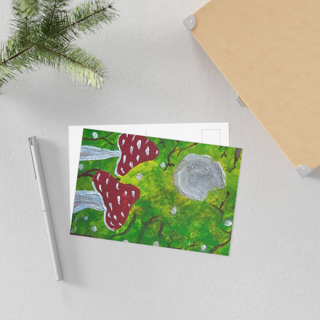 Glossy art postcard with whimsical red toadstools and gray mushrooms on green forest scene