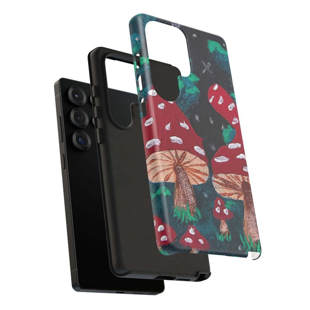 Tough phone case with mushroom forest pattern, black inner case, and camera cutouts.