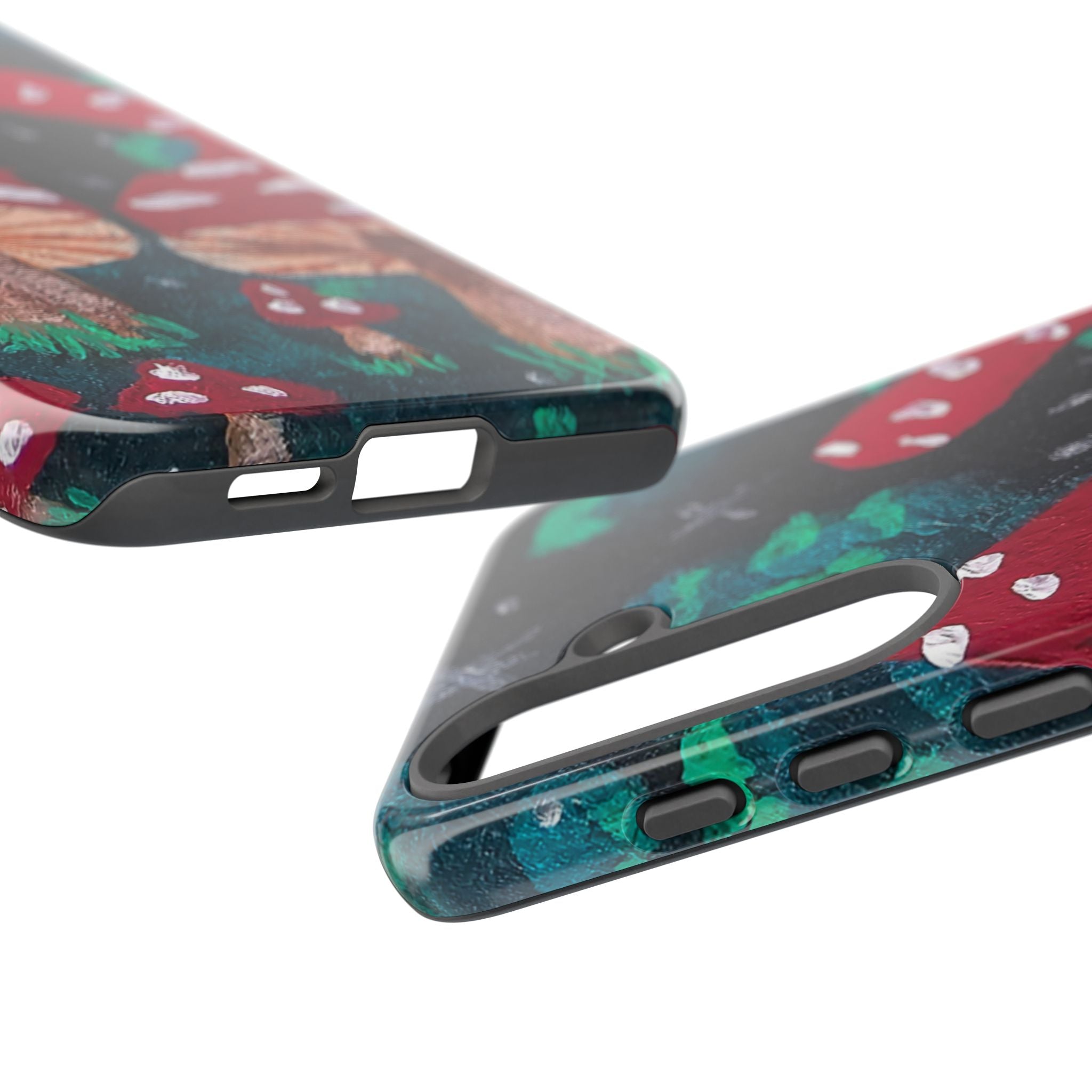 Tough phone case side view with mushroom pattern and protective bumper around edges.