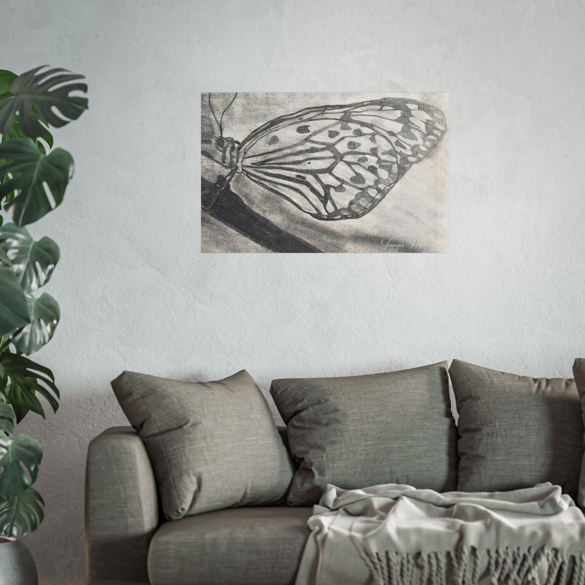 Butterfly Kisses - Butterfly Wing Charcoal Art Poster — Monochrome Fine Art Print
