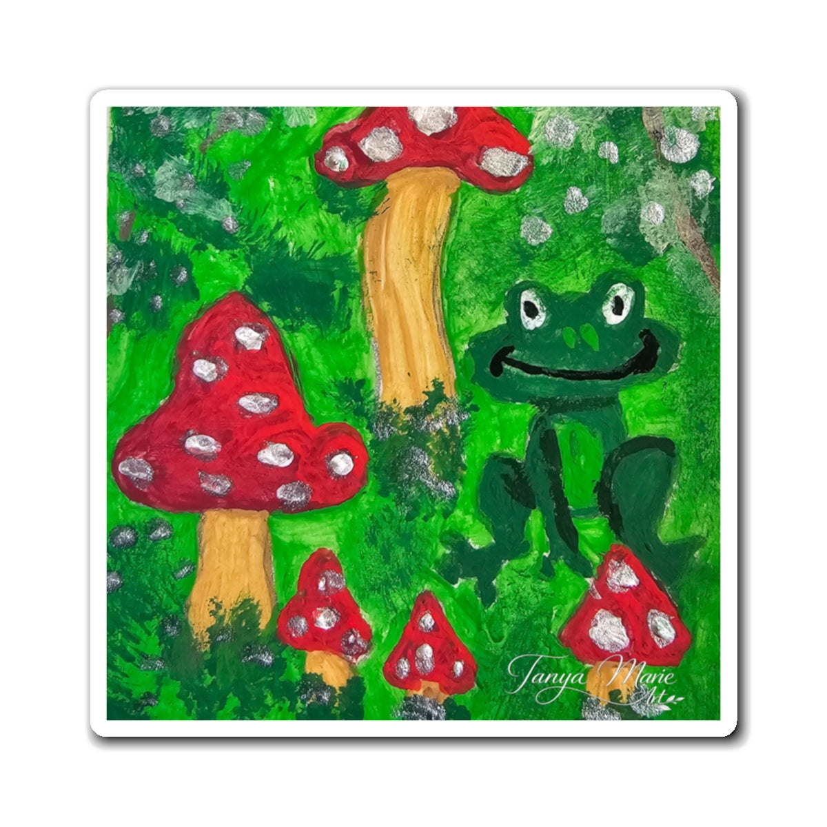 Rectangular fridge magnet showing green frog with red mushrooms on green background