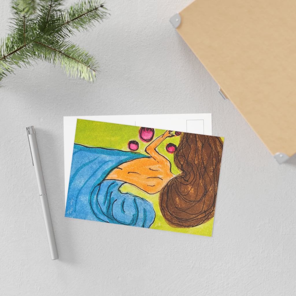 Colorful illustrated postcard of a woman with flowing brown hair and magenta accents