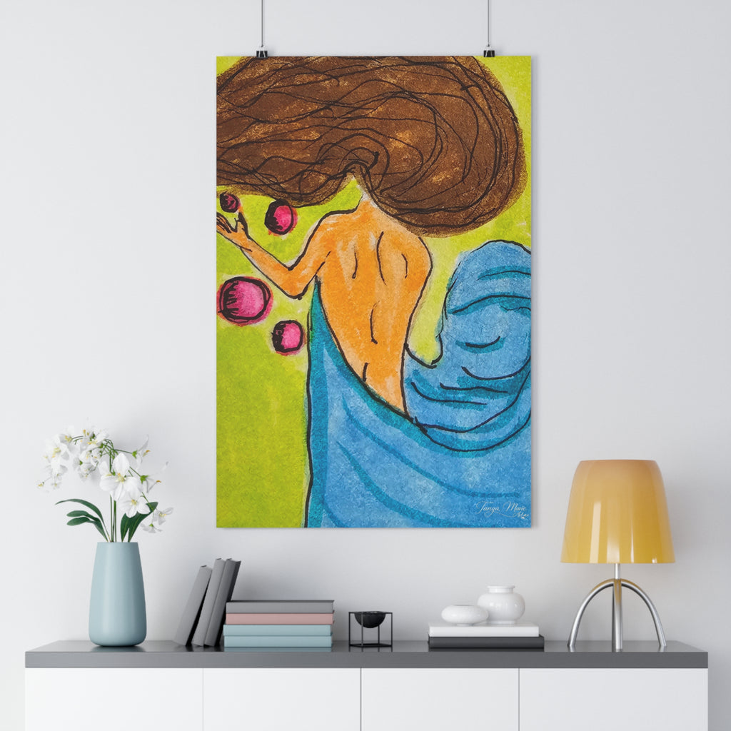 Giclée art print of a woman with flowing hair and a blue dress