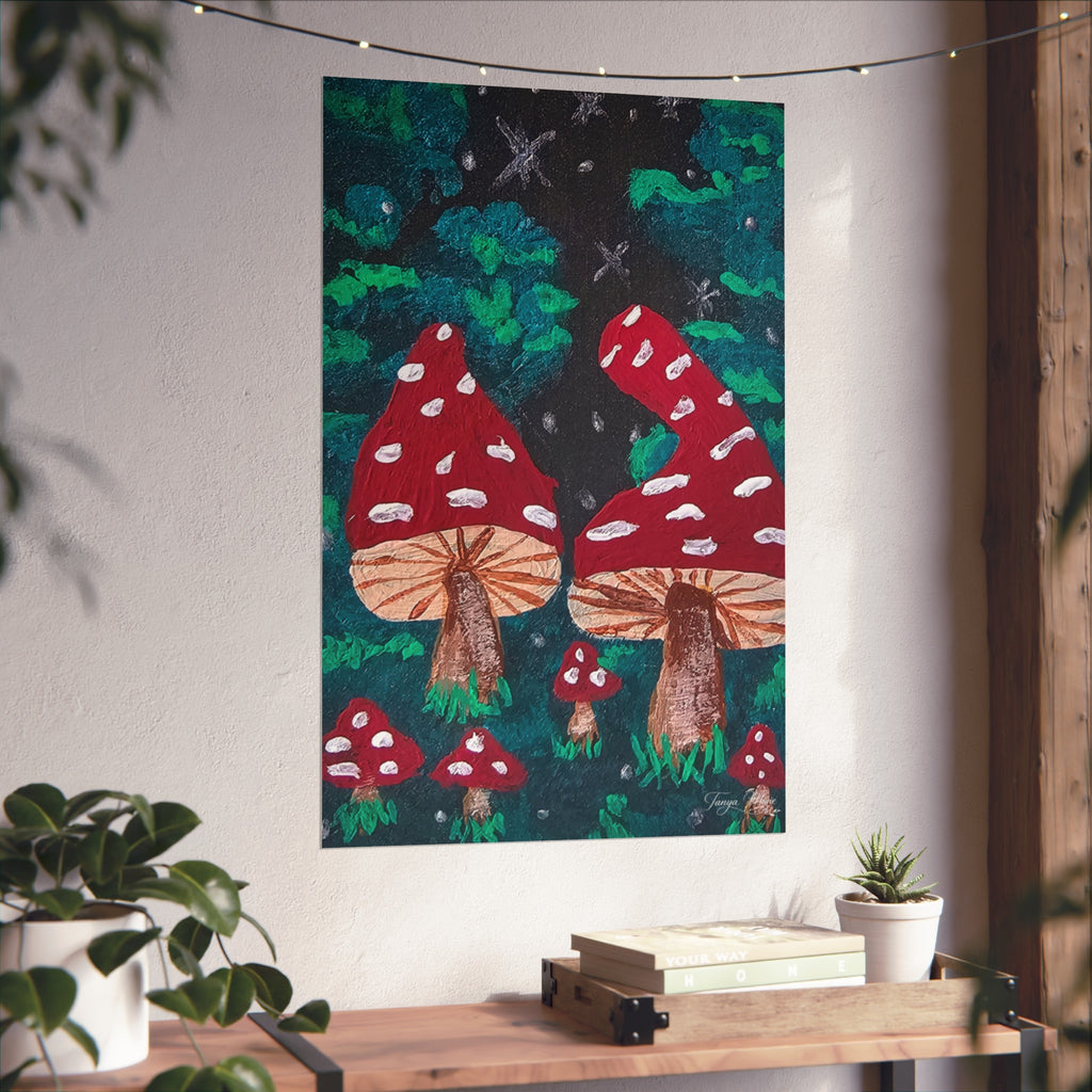 Whimsical fine art poster showing red toadstools with white spots in dark green forest foliage