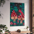Whimsical fine art poster showing red toadstools with white spots in dark green forest foliage