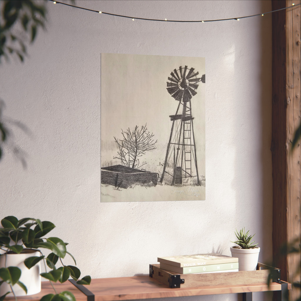 Windmill Sketch Fine Art Poster — Rustic Black & White Wall Art