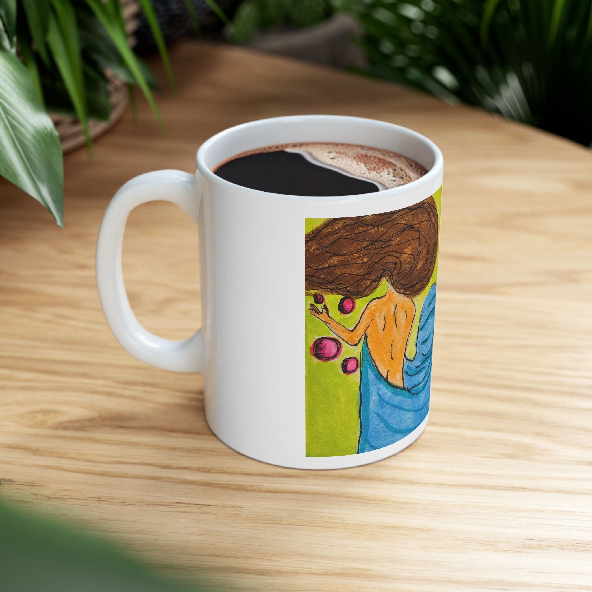 White ceramic mug with witchy face artwork, blue hair, and purple details