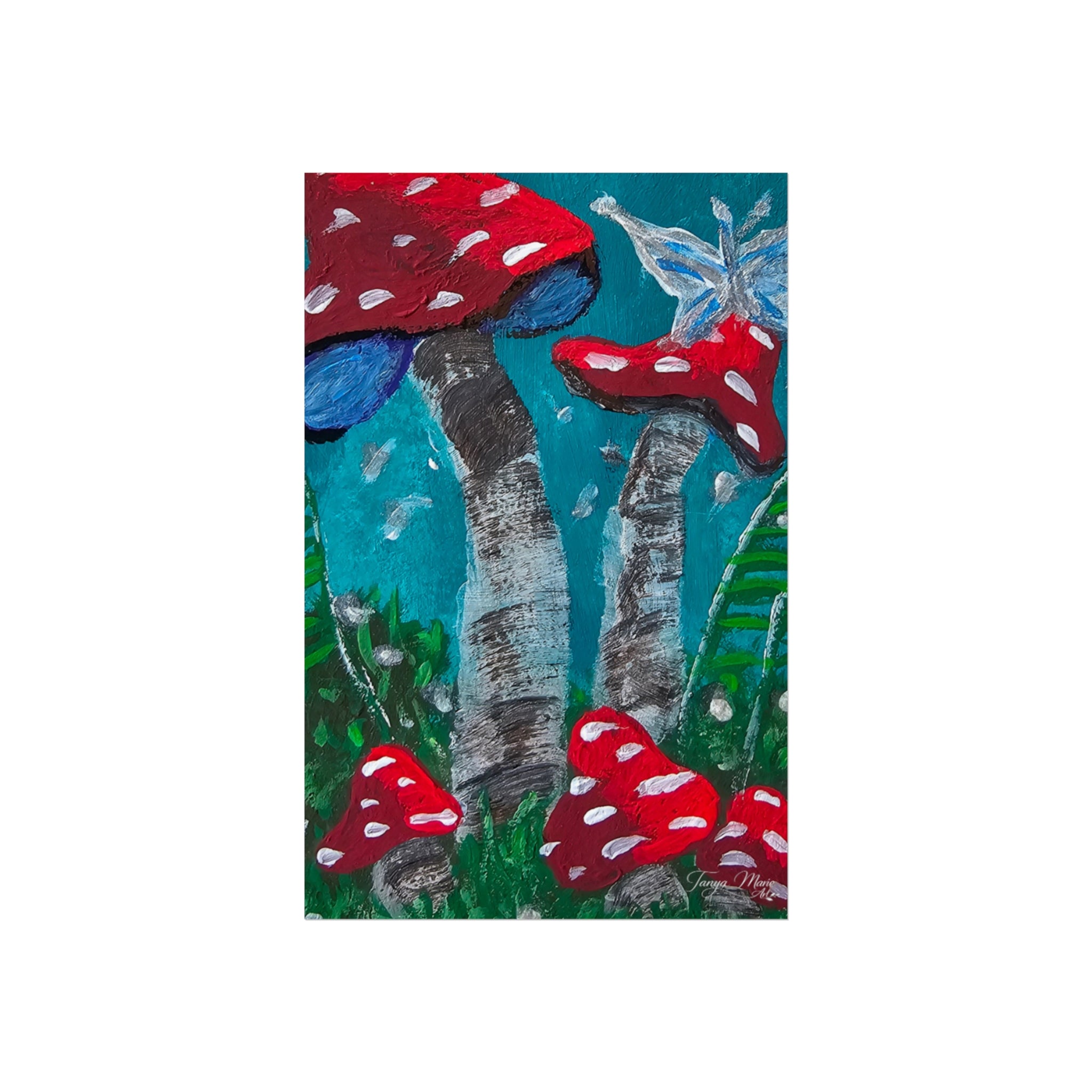 Matte fine art poster of red toadstools with blue butterfly above the mushroom grove