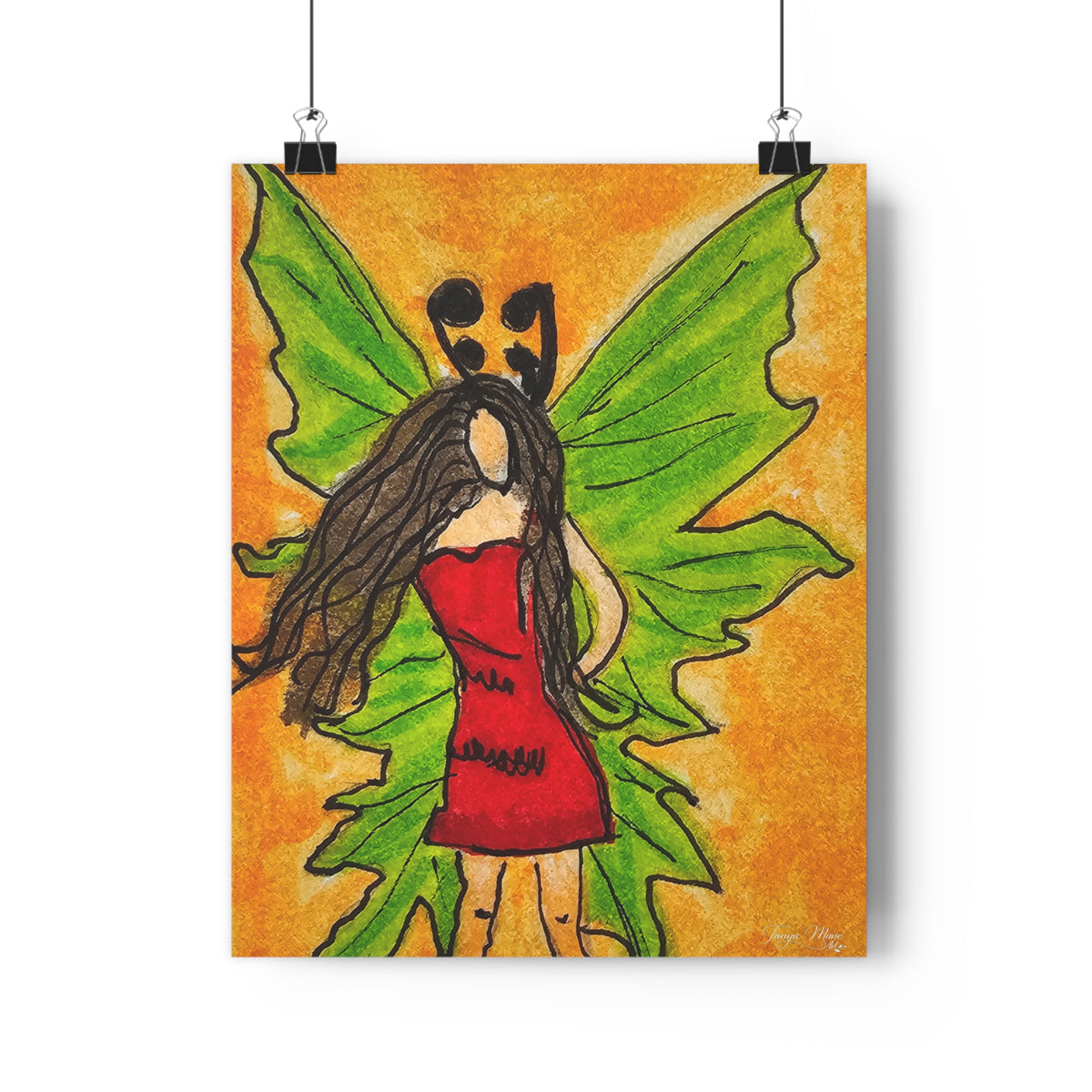 Fairy portrait art print with big green wings, red dress, and orange background