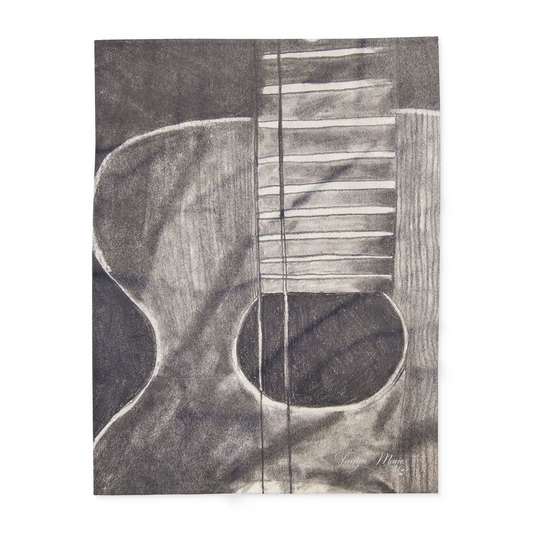 Gray acoustic guitar sketch fleece blanket, detailed guitar soundhole and vertical strap lines