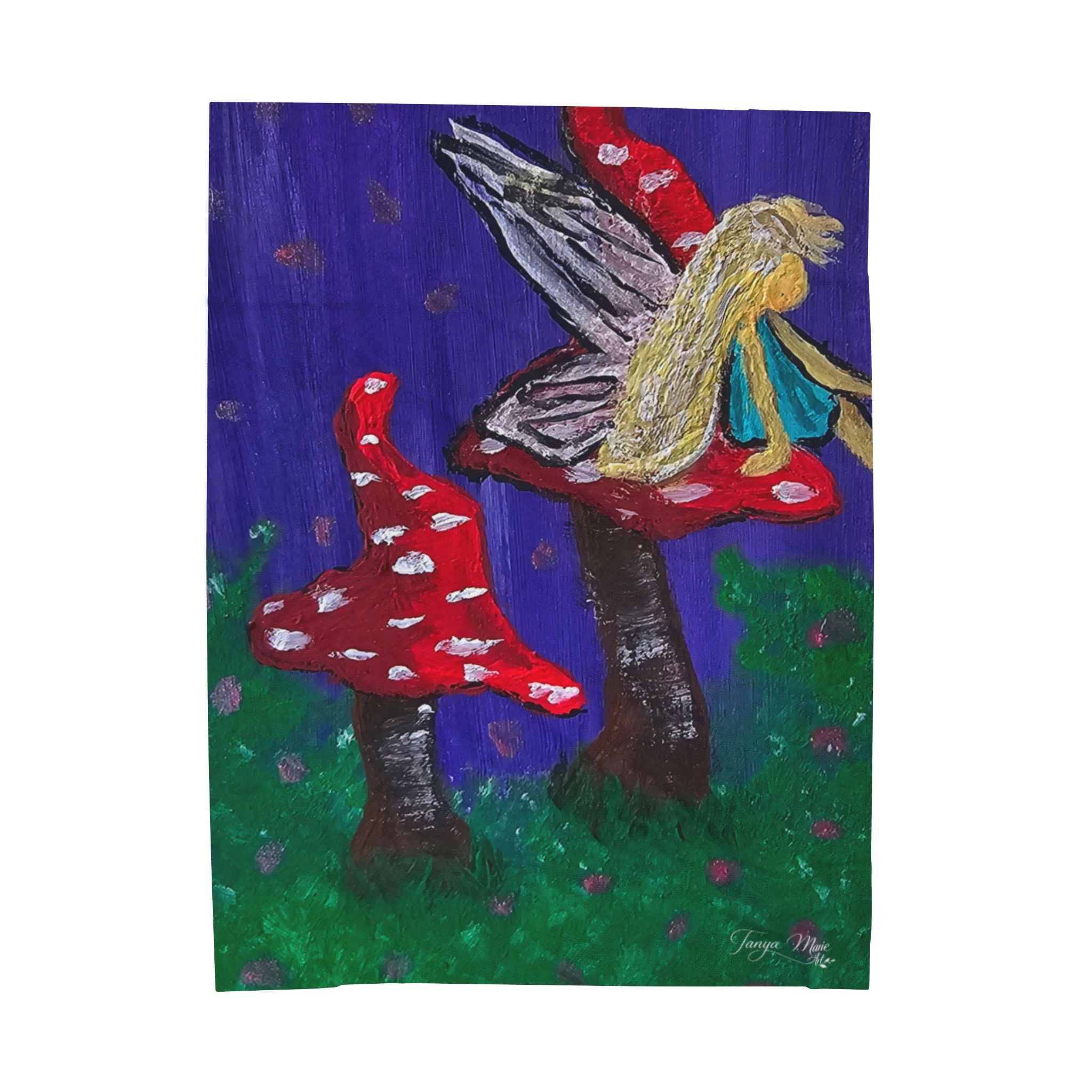 Velveteen blanket plush throw square with fairy and red toadstool artwork on blue