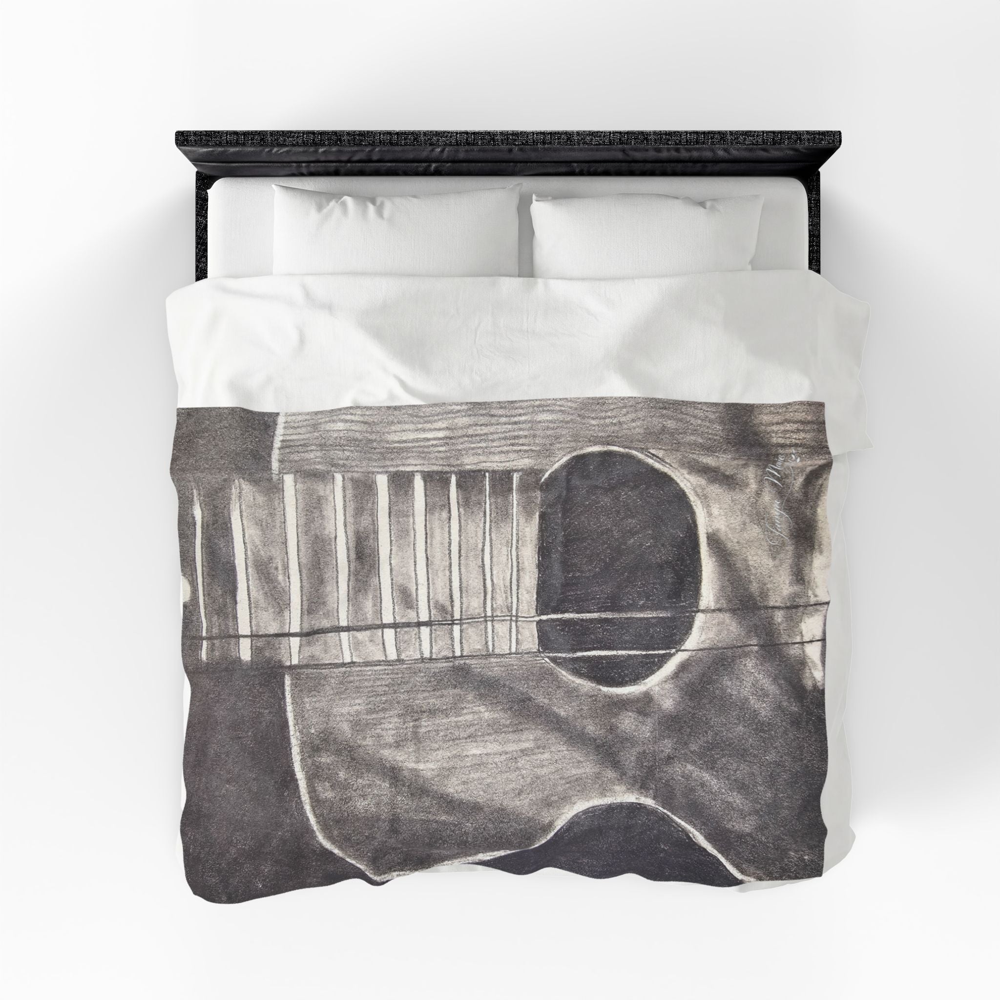 Plush blanket featuring an acoustic guitar sketch in dark gray on light background