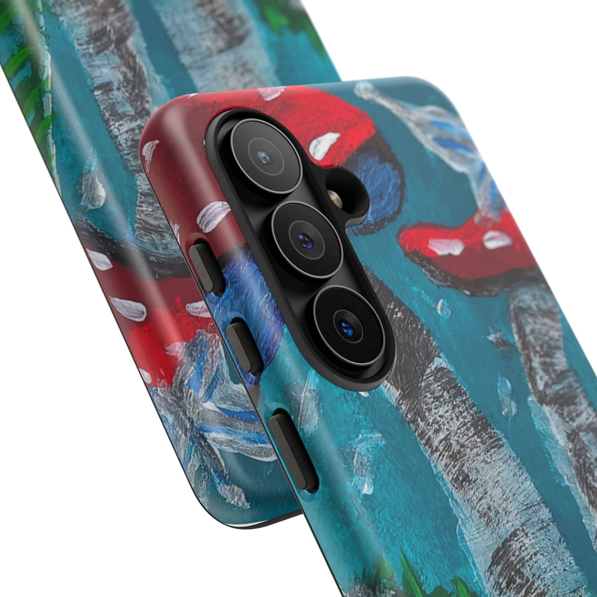 Protective phone case back with red toadstool artwork, teal/blue stripe texture, camera cutouts