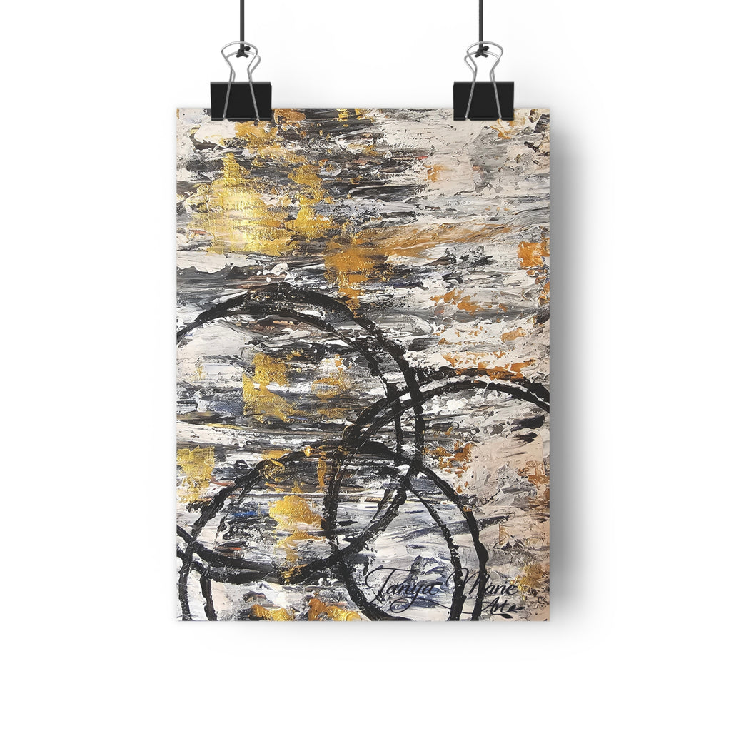 Abstract Gold Texture with Black Rings Giclée Art Print | Modern Textured Wall Art