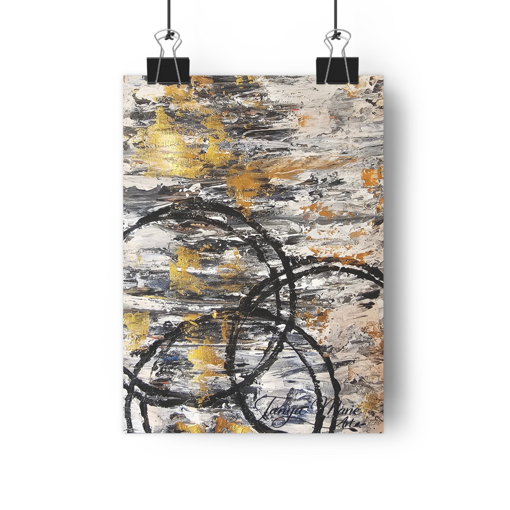 Abstract Gold Texture with Black Rings Giclée Art Print | Modern Textured Wall Art