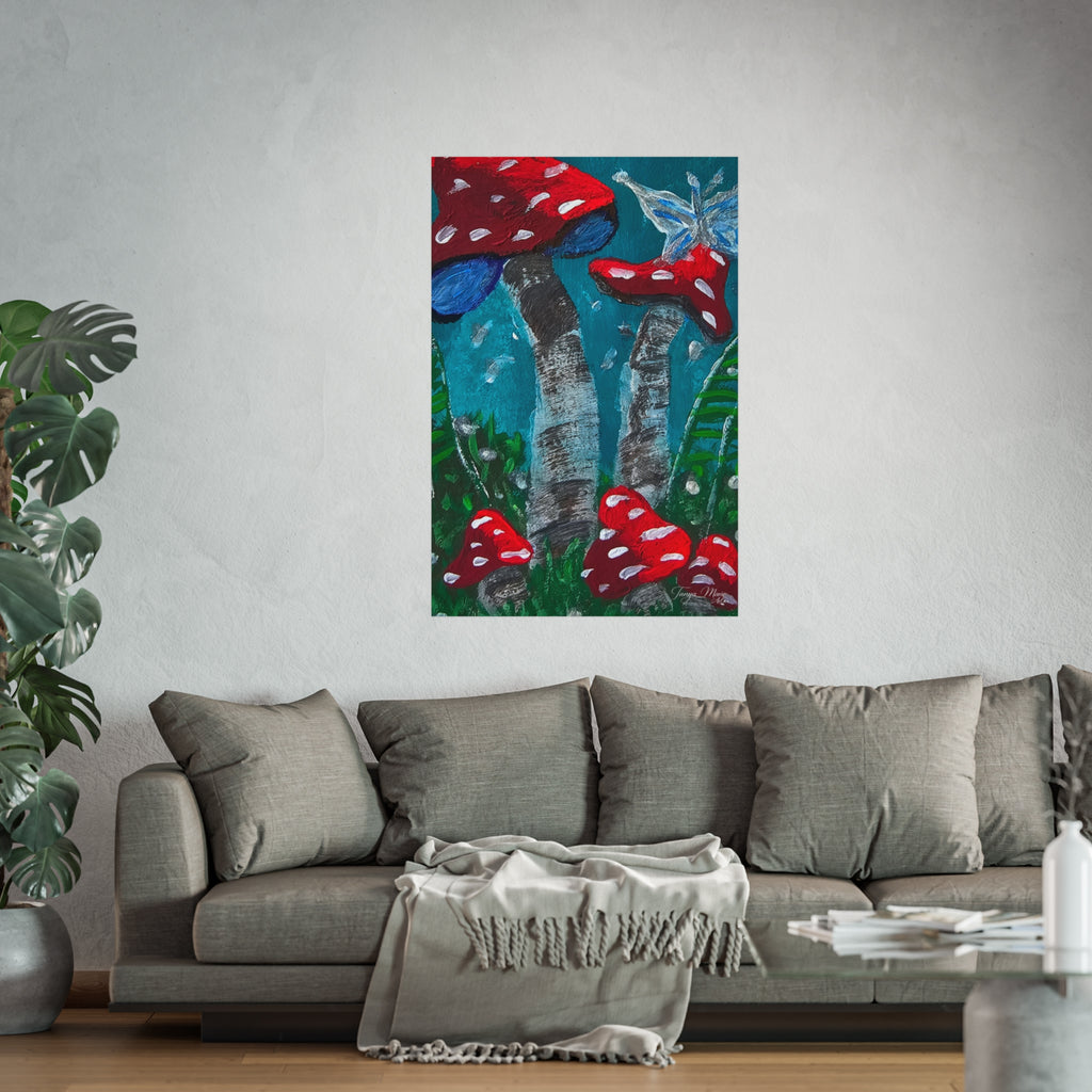 Toadstool fine art poster with red mushrooms on blue-green painted scene