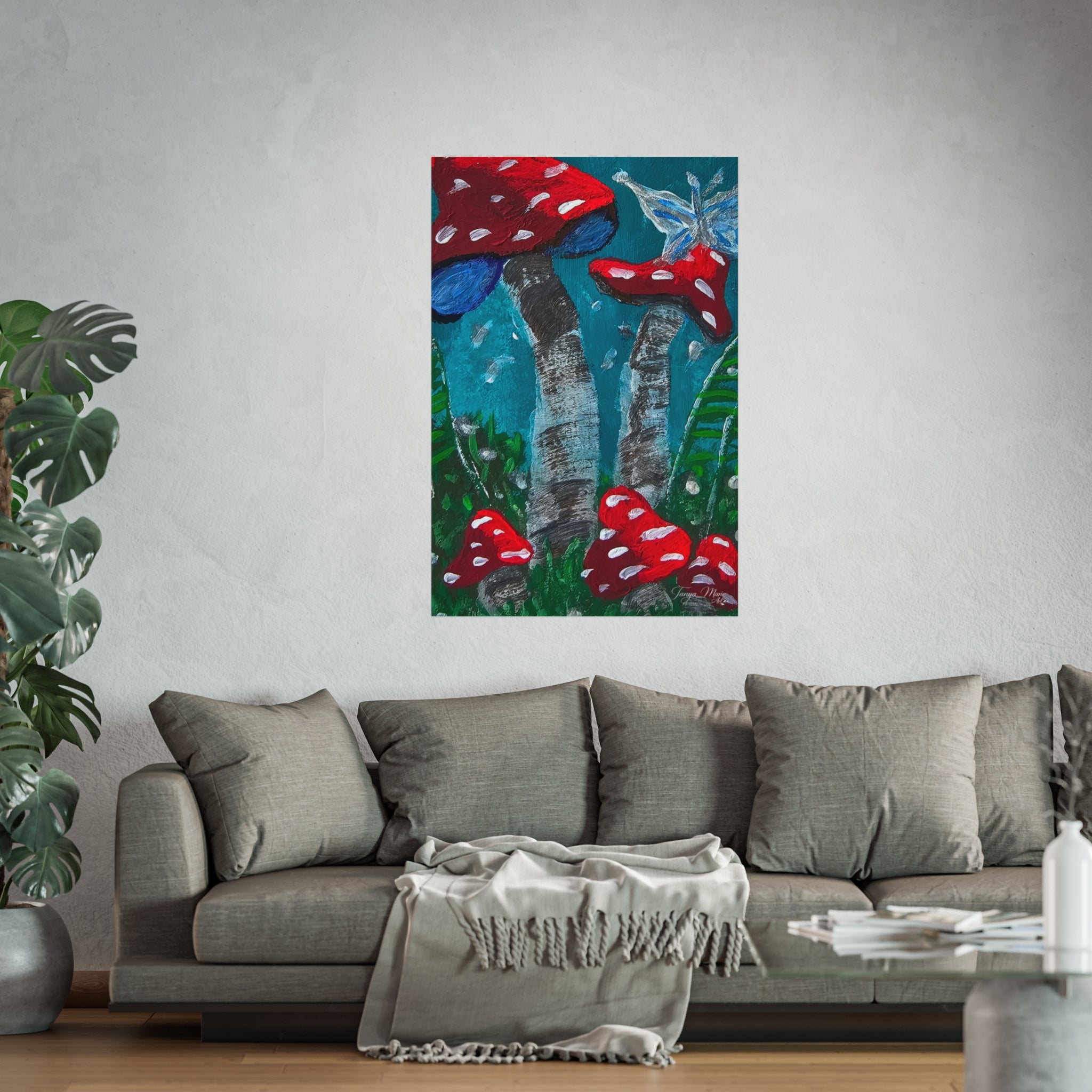 Toadstool fine art poster with red mushrooms on blue-green painted scene