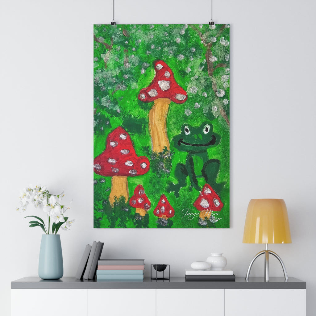 Giclée art print of a frog and red toadstools on a green forest background