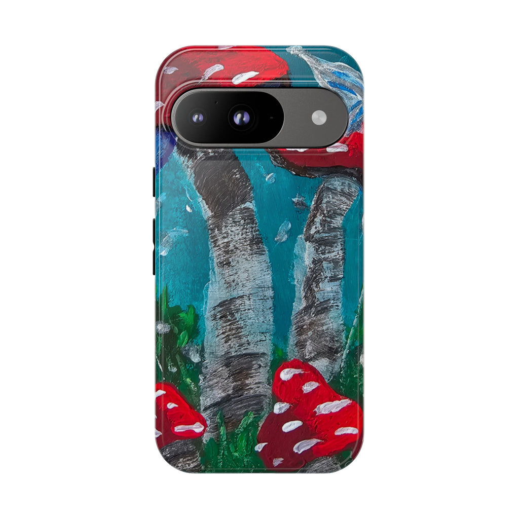 Phone case with hand-painted red toadstools and birch tree design on teal