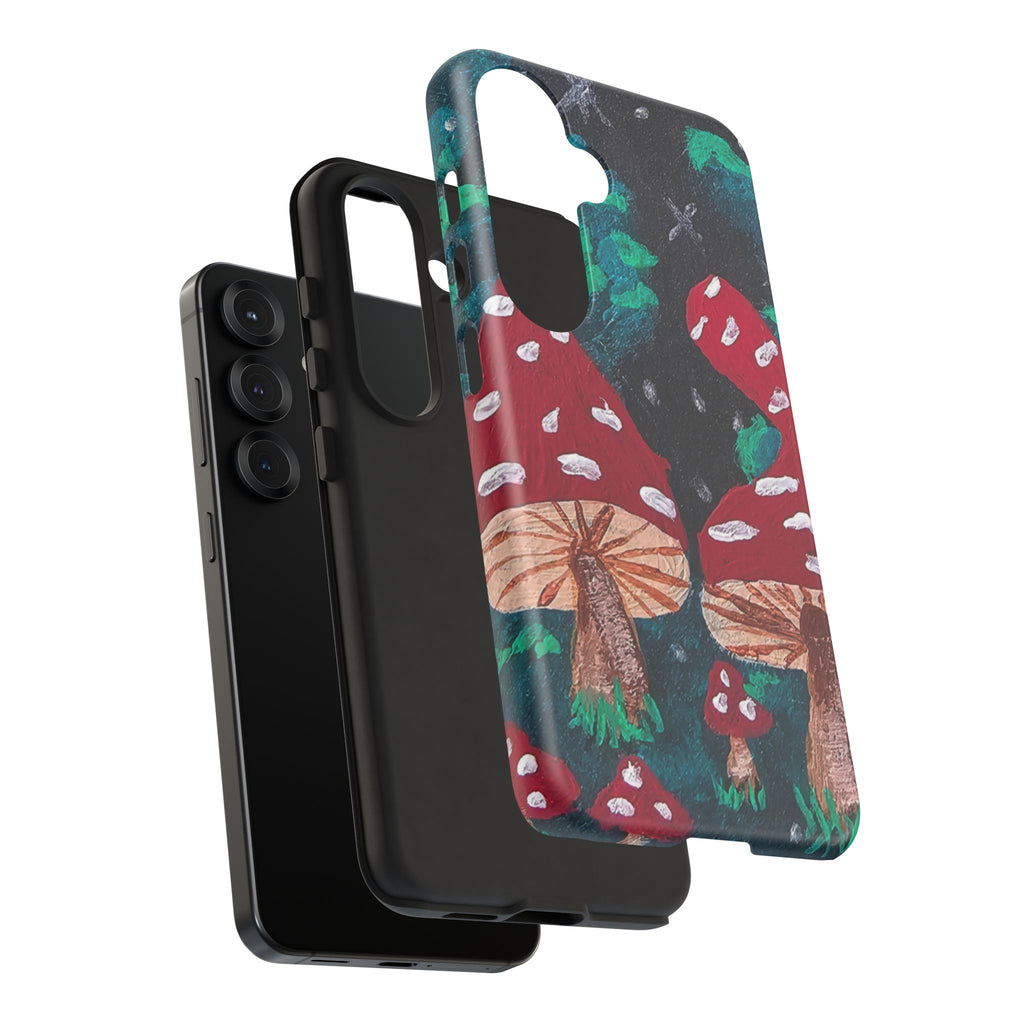 Tough phone case showing back view with mushroom design and cutouts for cameras.