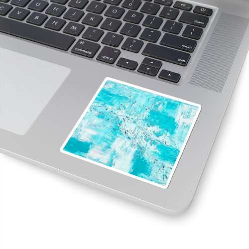 Teal abstract brushstroke art sticker with white border, square kiss-cut decal.