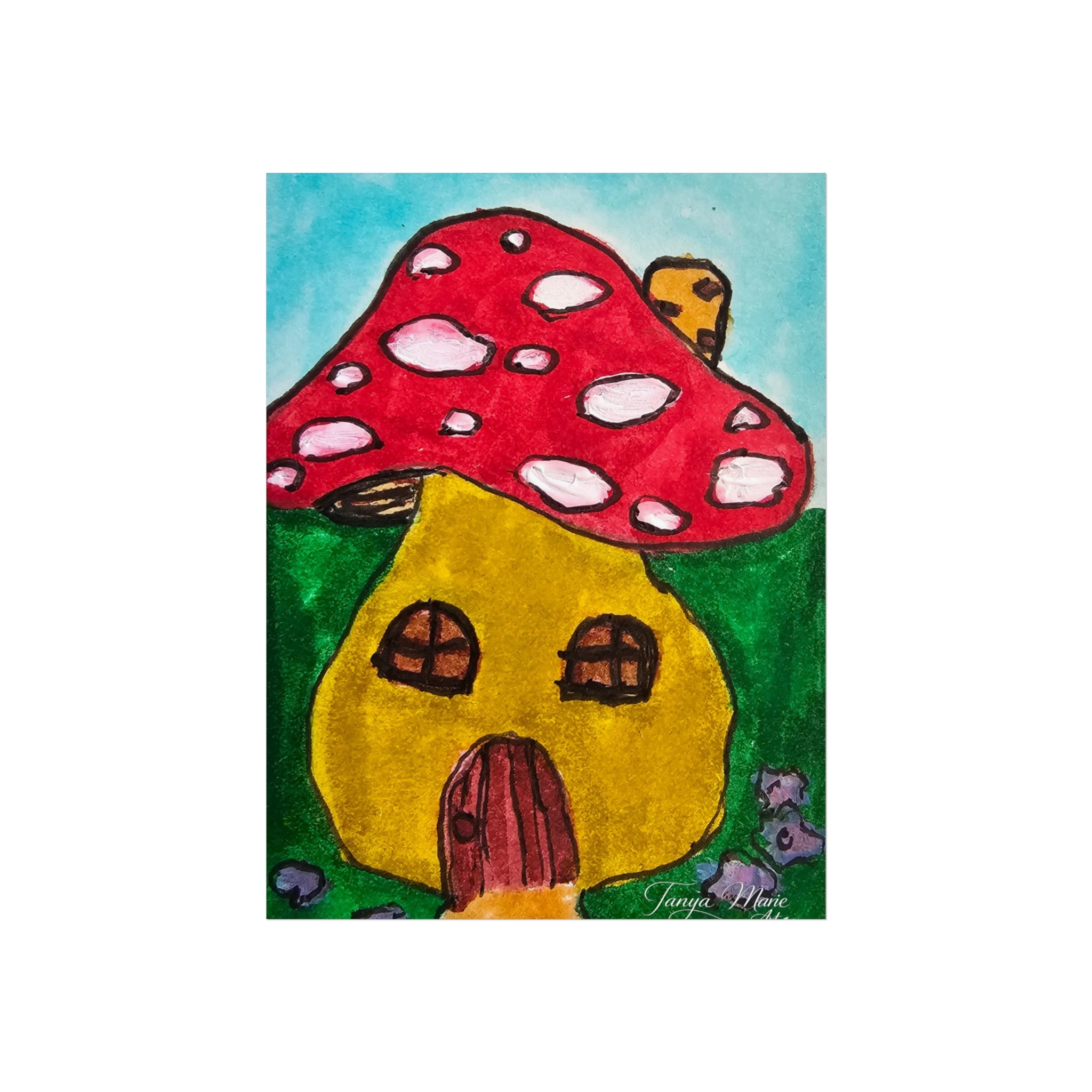 Close-up mushroom house poster with red spotted cap and yellow cottage windows