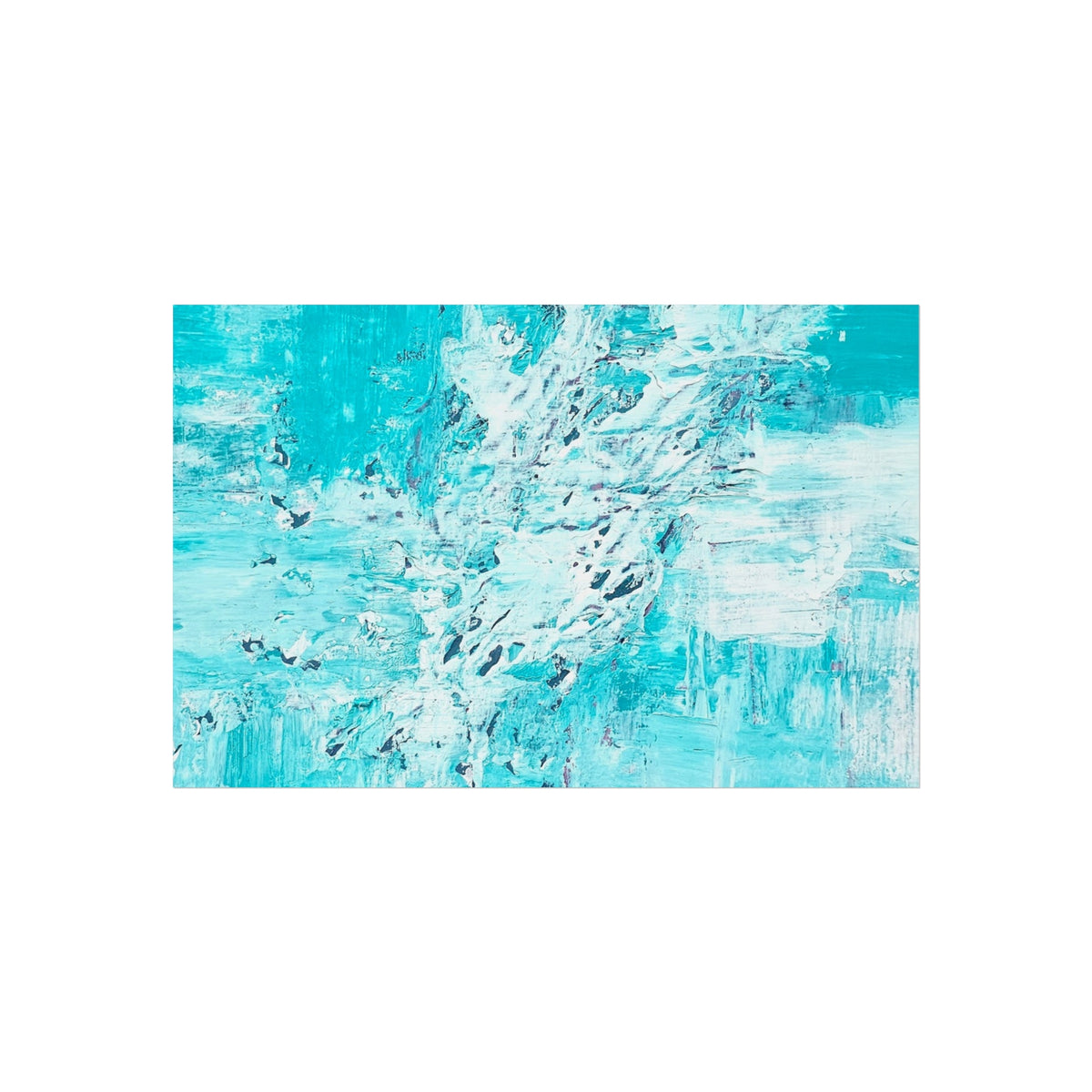 Turquoise and aqua abstract poster with white splashes and streaks in a modern rectangular layout.