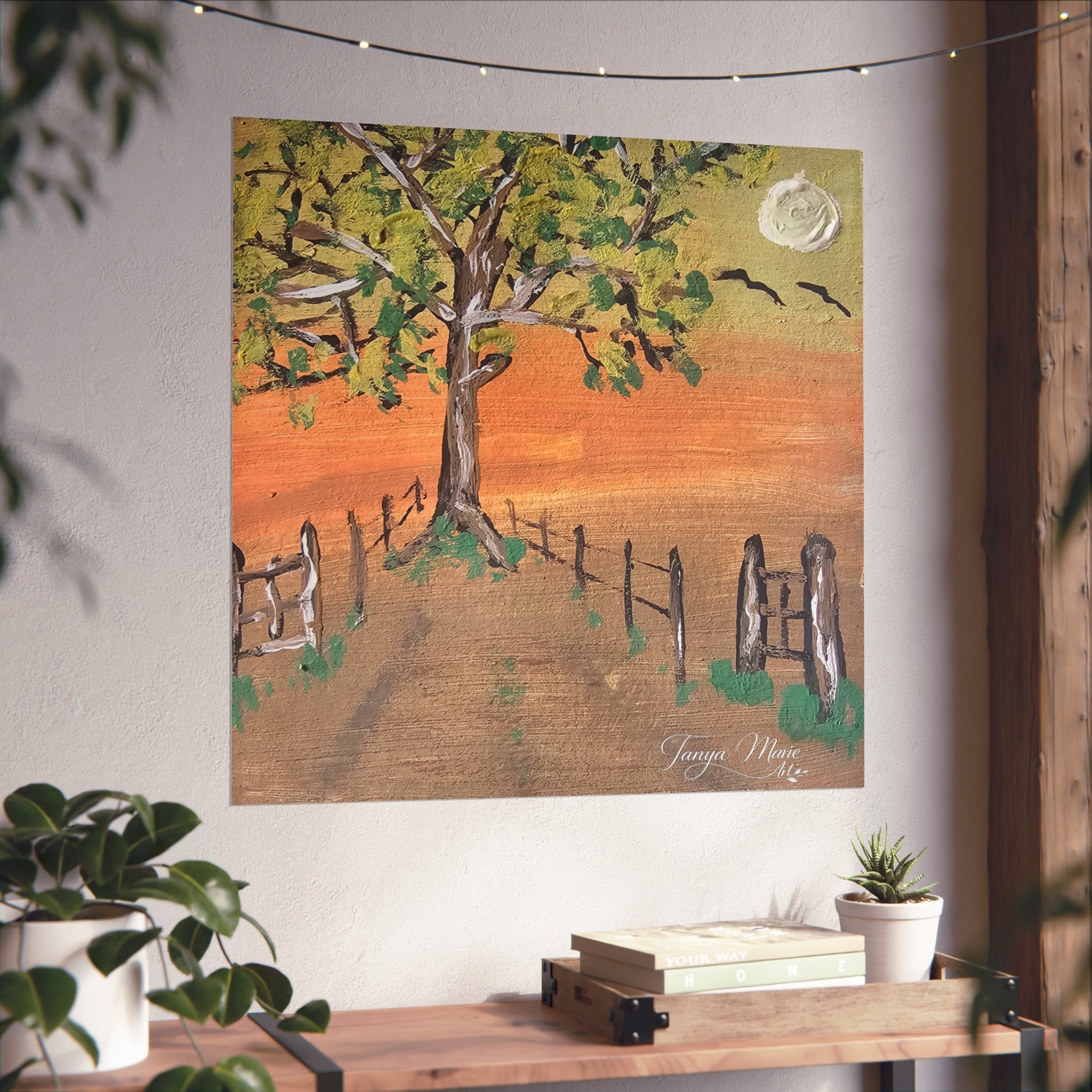Sunset Path Fine Art Poster — Tree, Fence & Moon Landscape Print