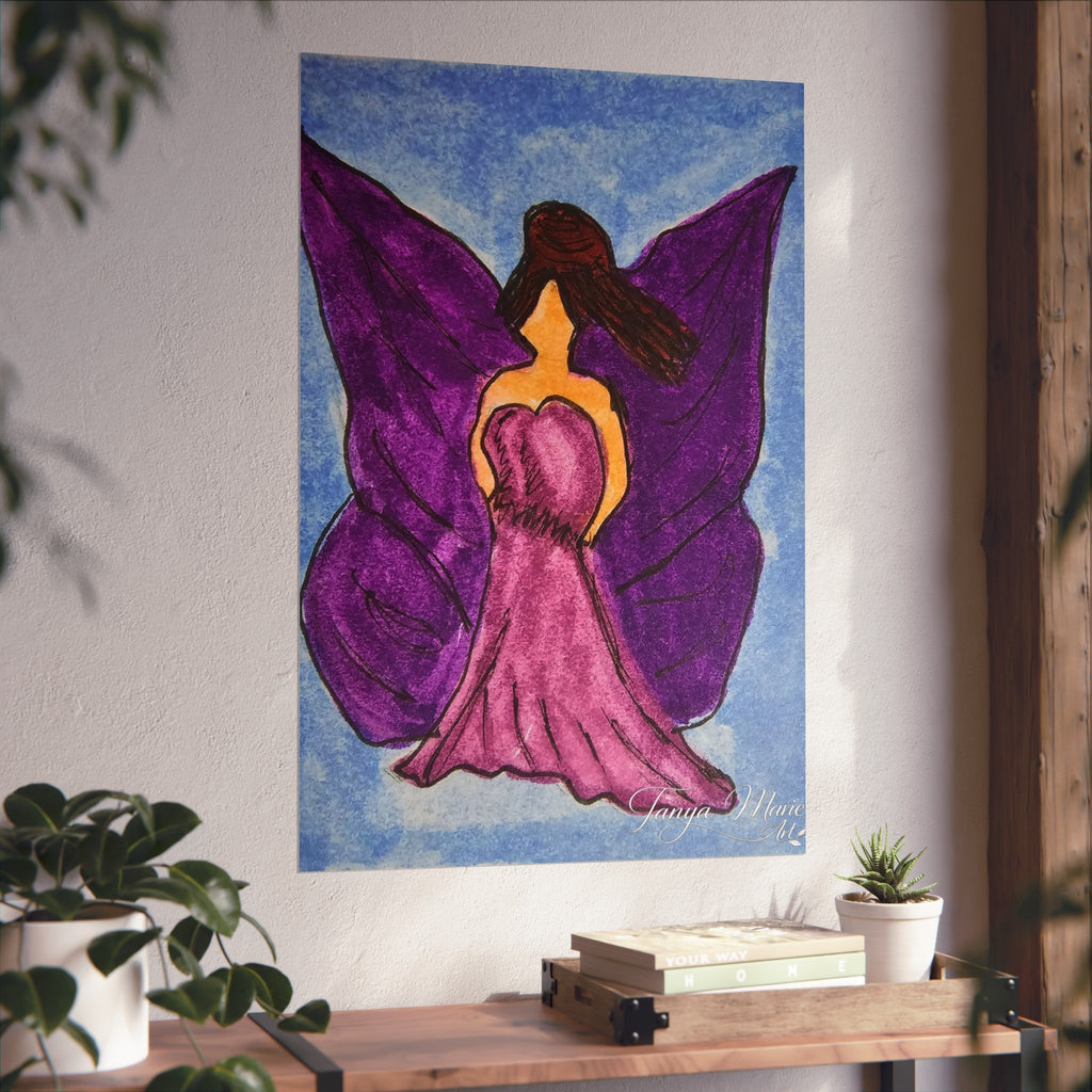 Purple wings angel wall art print on a wall with wooden frame door and shelf below