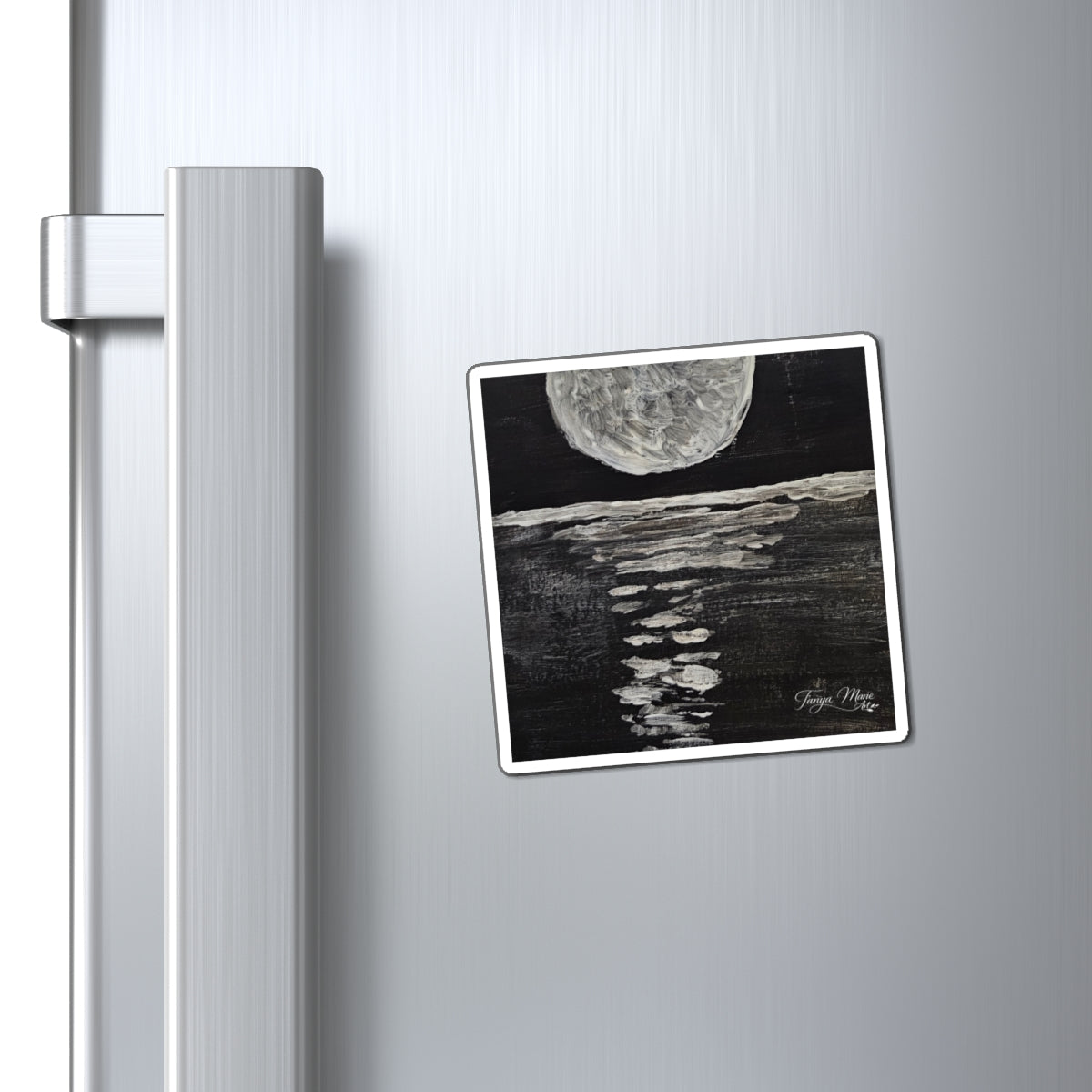 Moonlit Ocean Magnet — Black & White Lunar Art Refrigerator Magnet