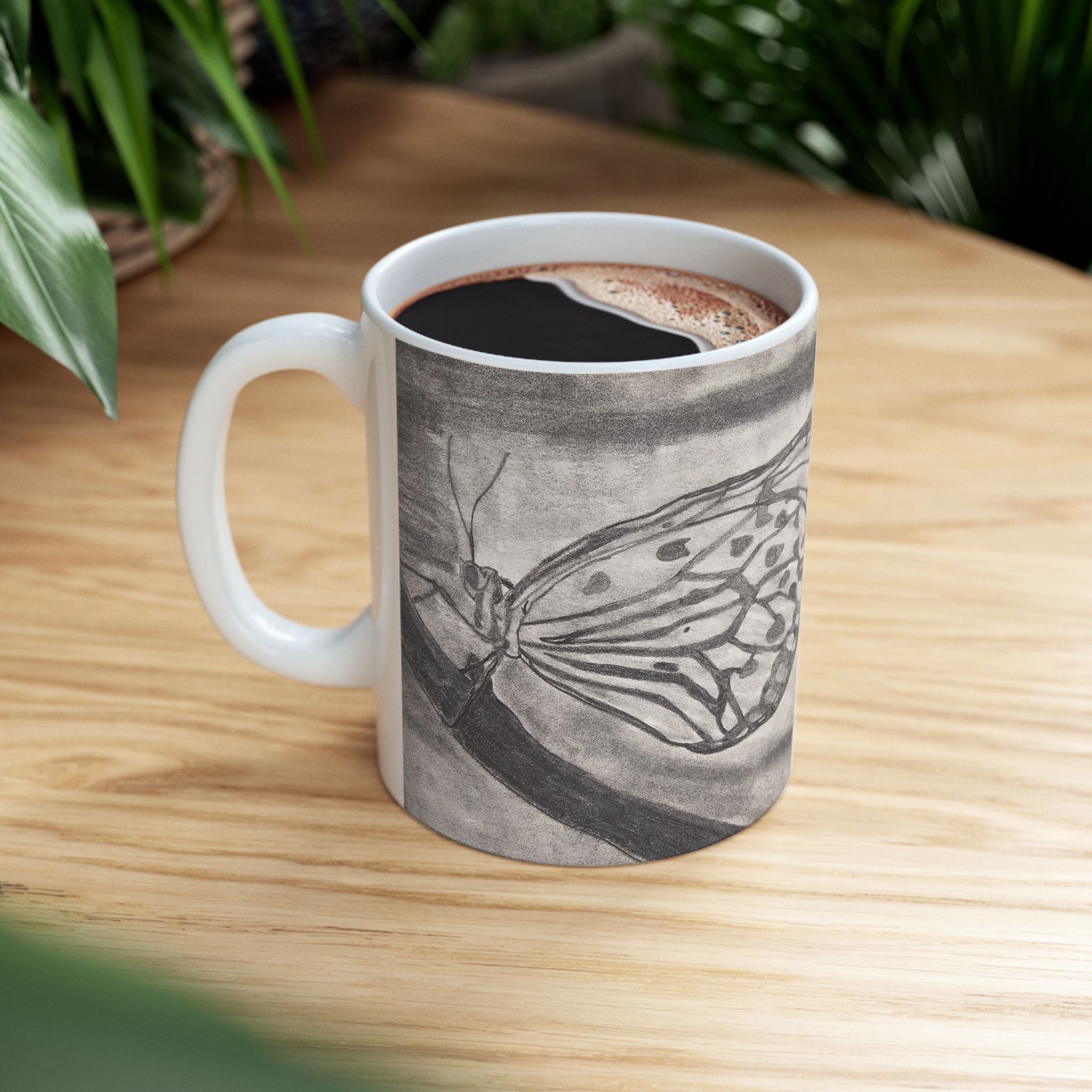 Butterfly Kisses - Butterfly Wing Sketch Ceramic Mug — Black & White Art Coffee Cup (11oz/15oz)