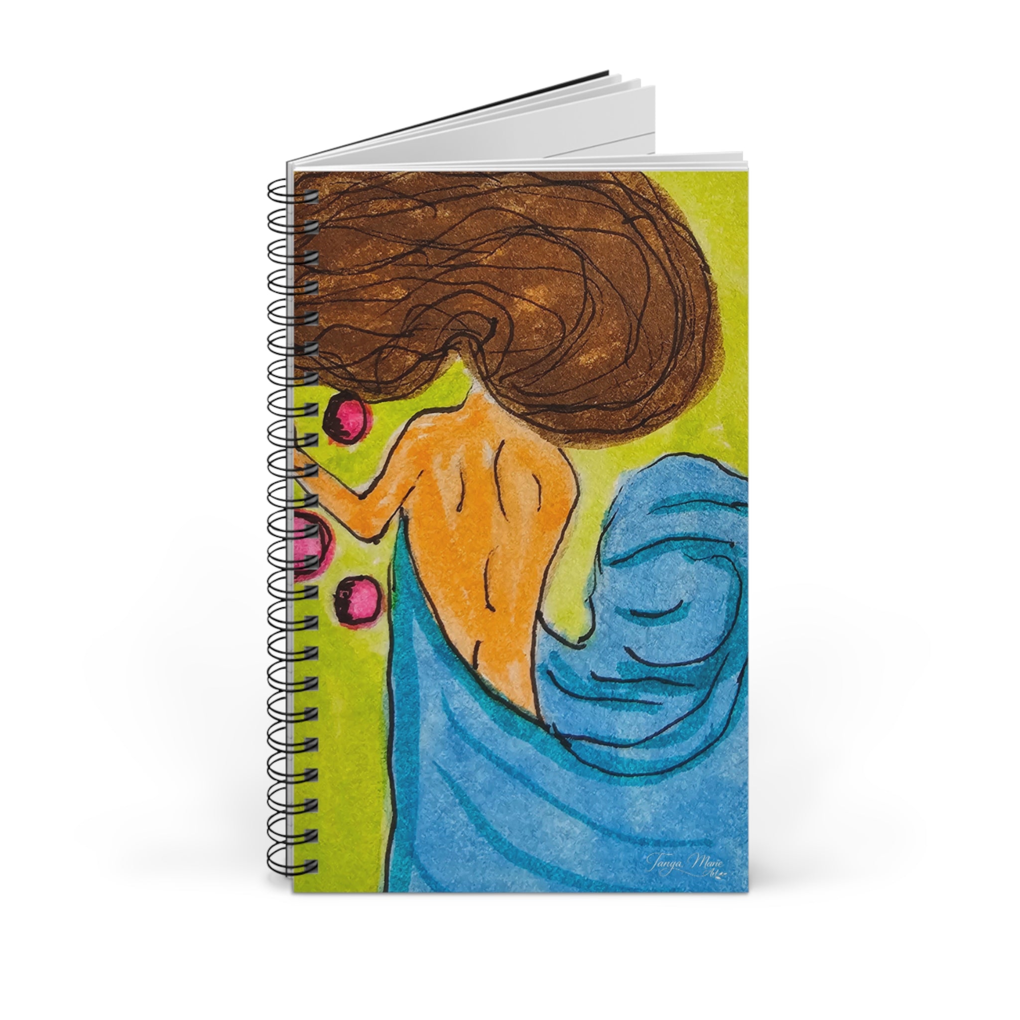 Spiral journal with fantasy watercolor cover of a woman, brown hair, green background, blue tones