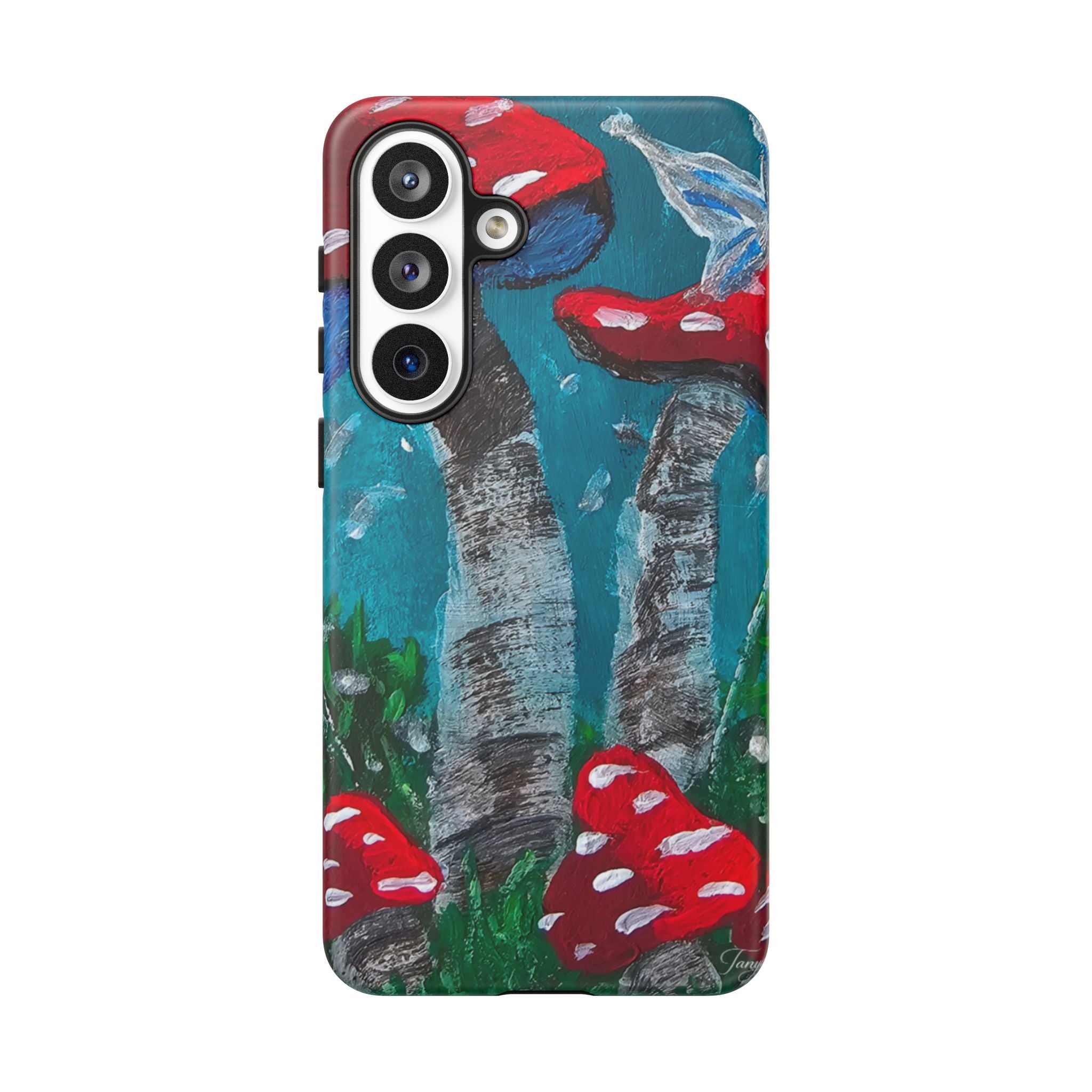 Protective phone case with hand-painted red toadstools on teal and gray forest scene; camera and buttons