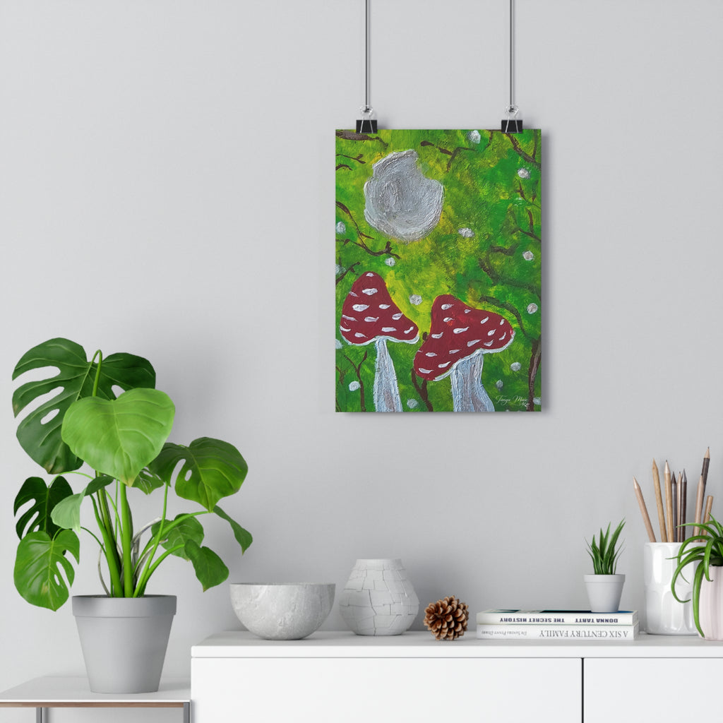 Whimsical forest wall art print with green background, gray moon circle, and red mushrooms