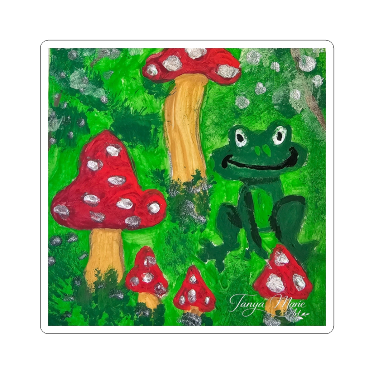 Kiss-cut nature sticker with a green frog and red toadstools, white border frame