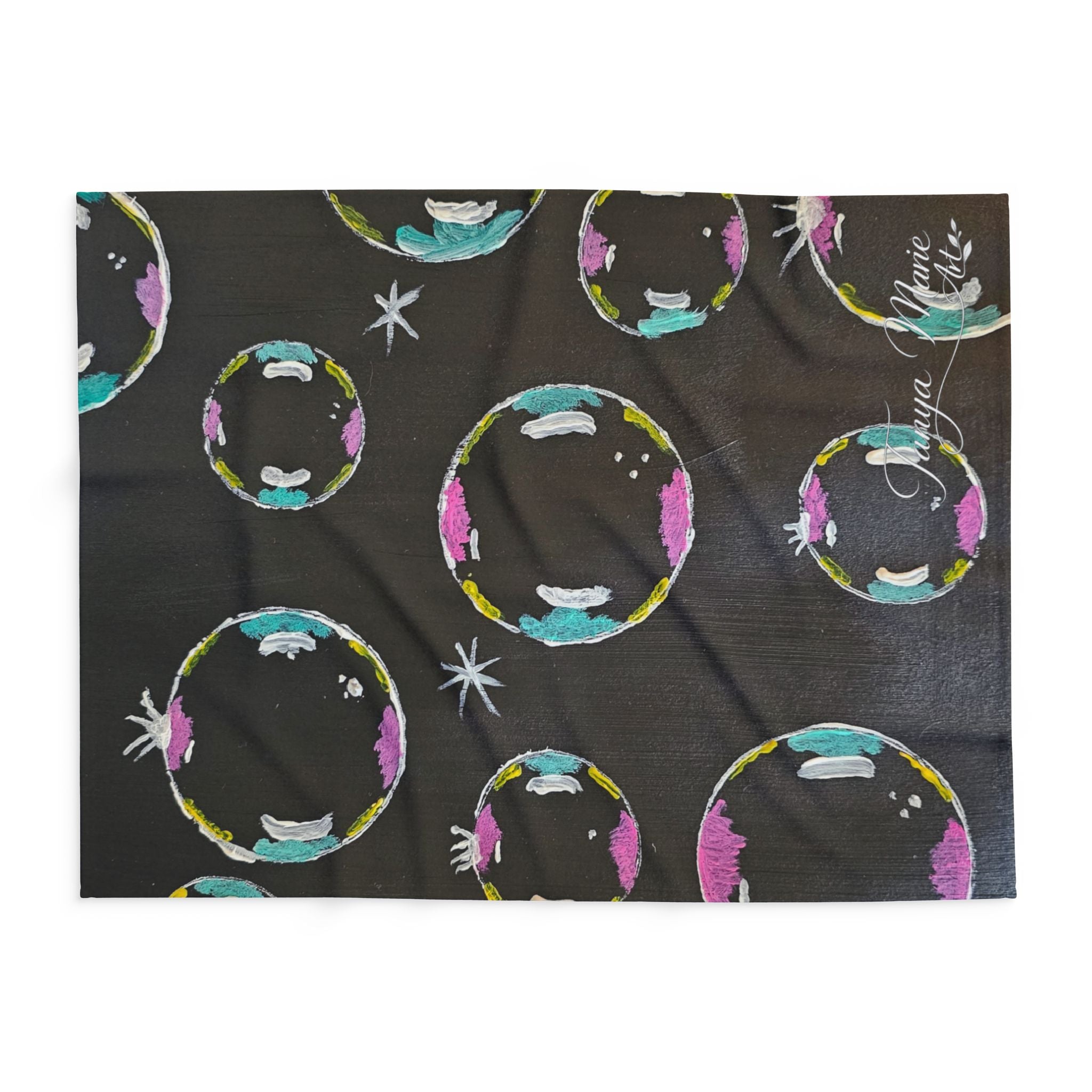 Fleece throw blanket, dark fabric with colorful bubble/planet circles and small white stars