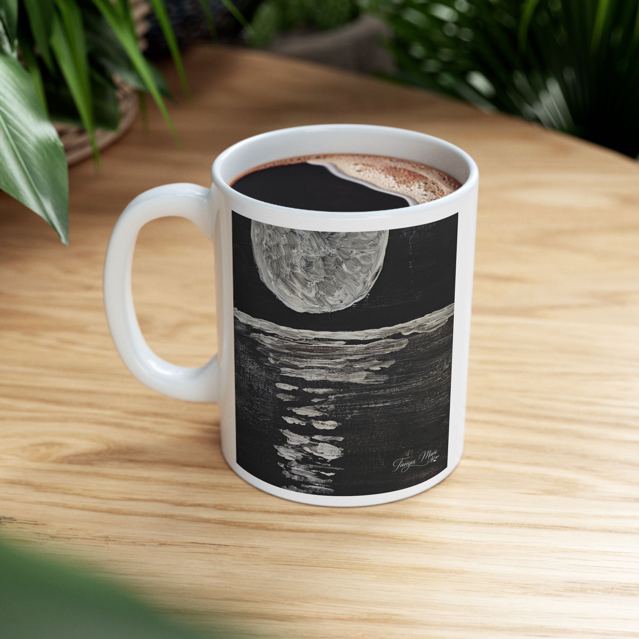 Moonlit Ocean Ceramic Mug – Black & White Lunar Seascape