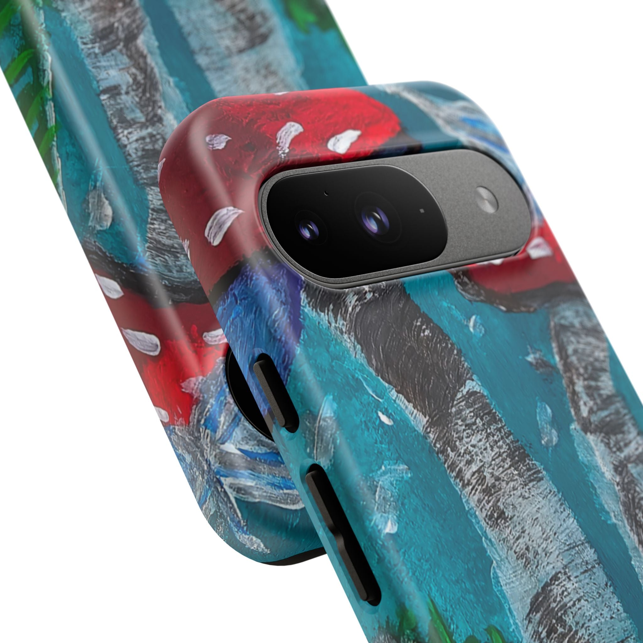 Phone case close-up with red toadstools and birch design around camera cutout
