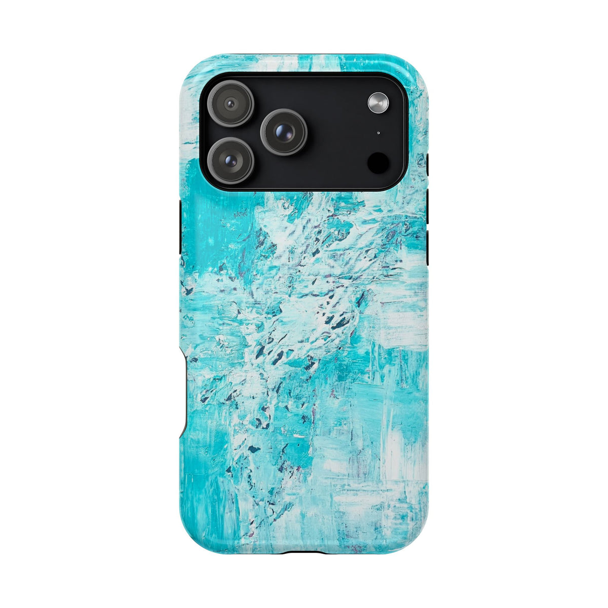 Turquoise abstract phone case with three-lens camera cutouts and flash opening.