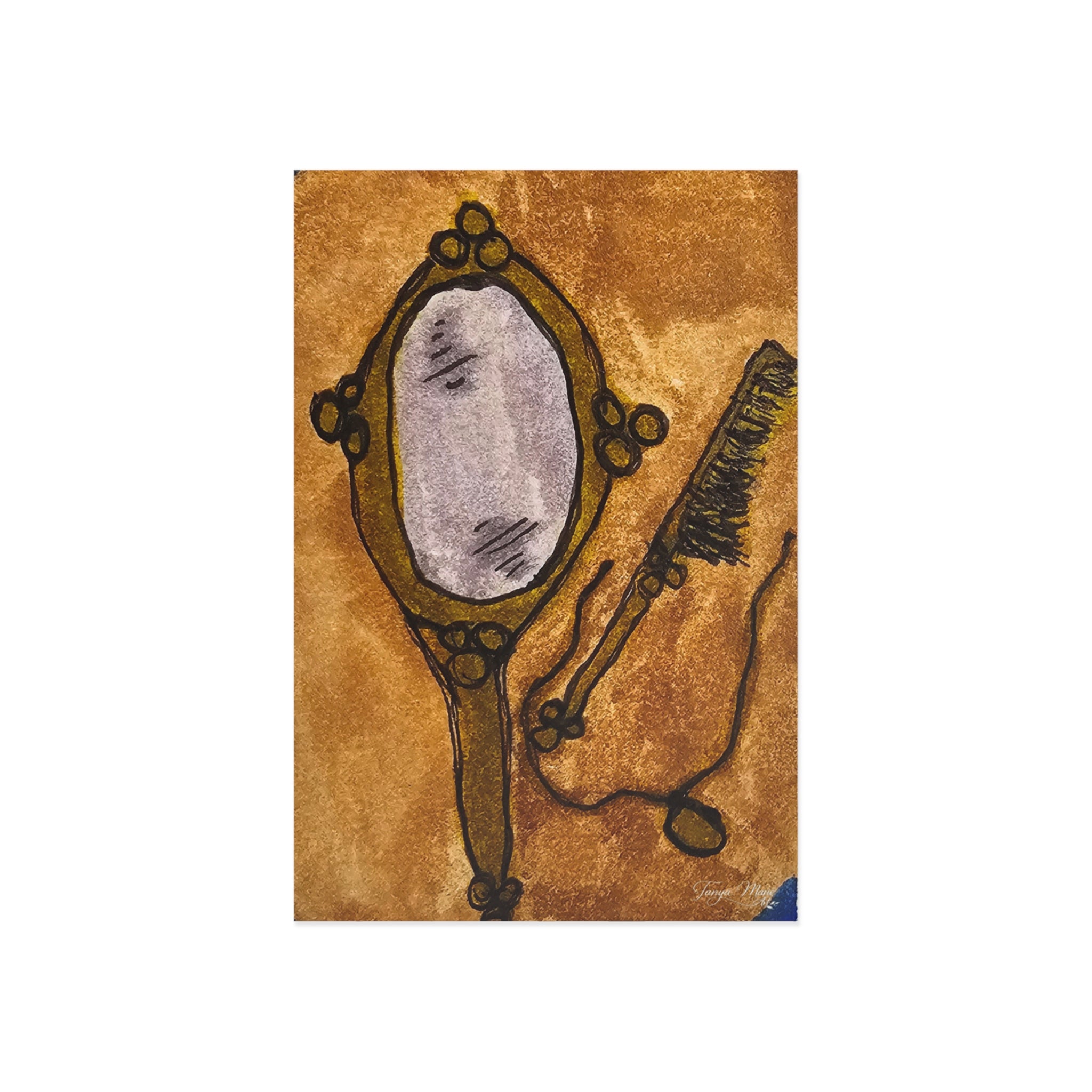 Art postcard greeting card with vintage hand mirror illustration and dark blue outline