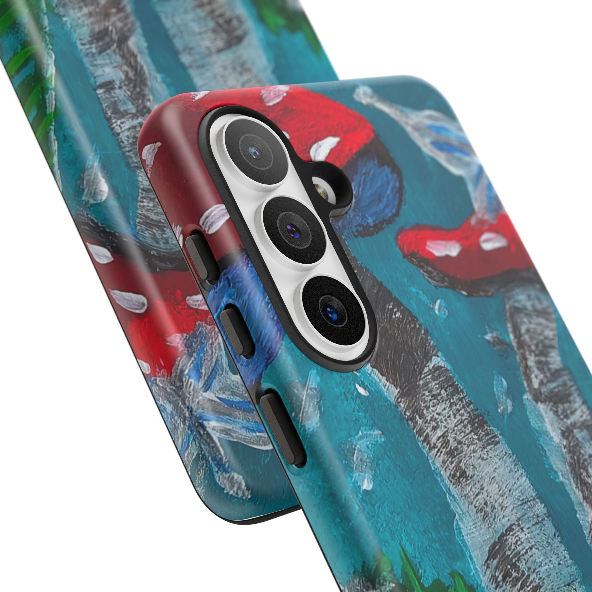 Protective phone case featuring red toadstools on teal/blue striped background, camera rings