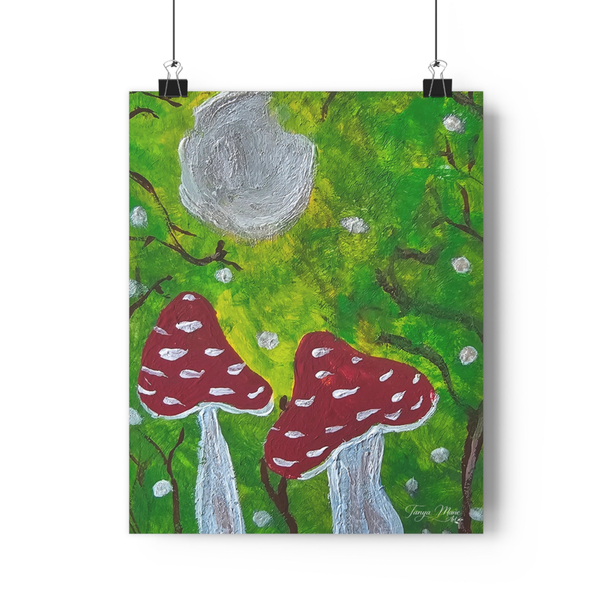 Square wall art print showing green forest scene with gray moon and red mushroom pair