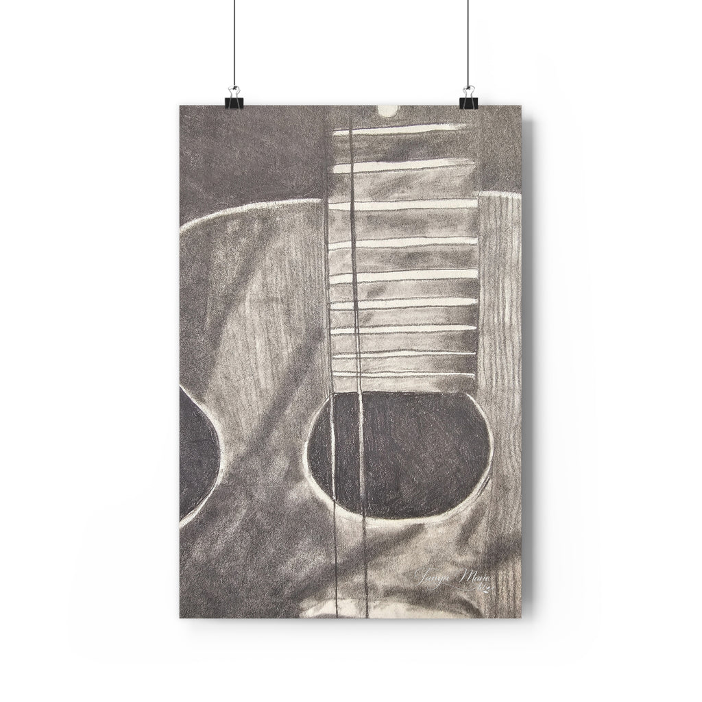Matte giclée art print of an acoustic guitar in charcoal monochrome