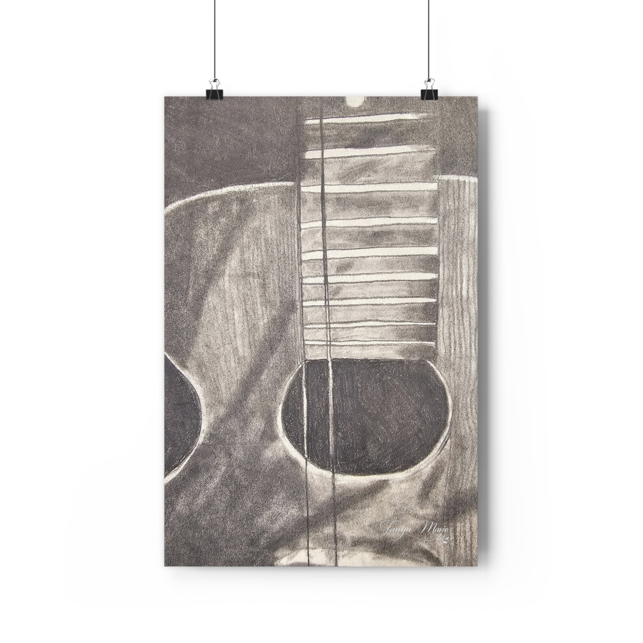 Acoustic Guitar Charcoal Giclée Art Print — Monochrome Music Wall Art