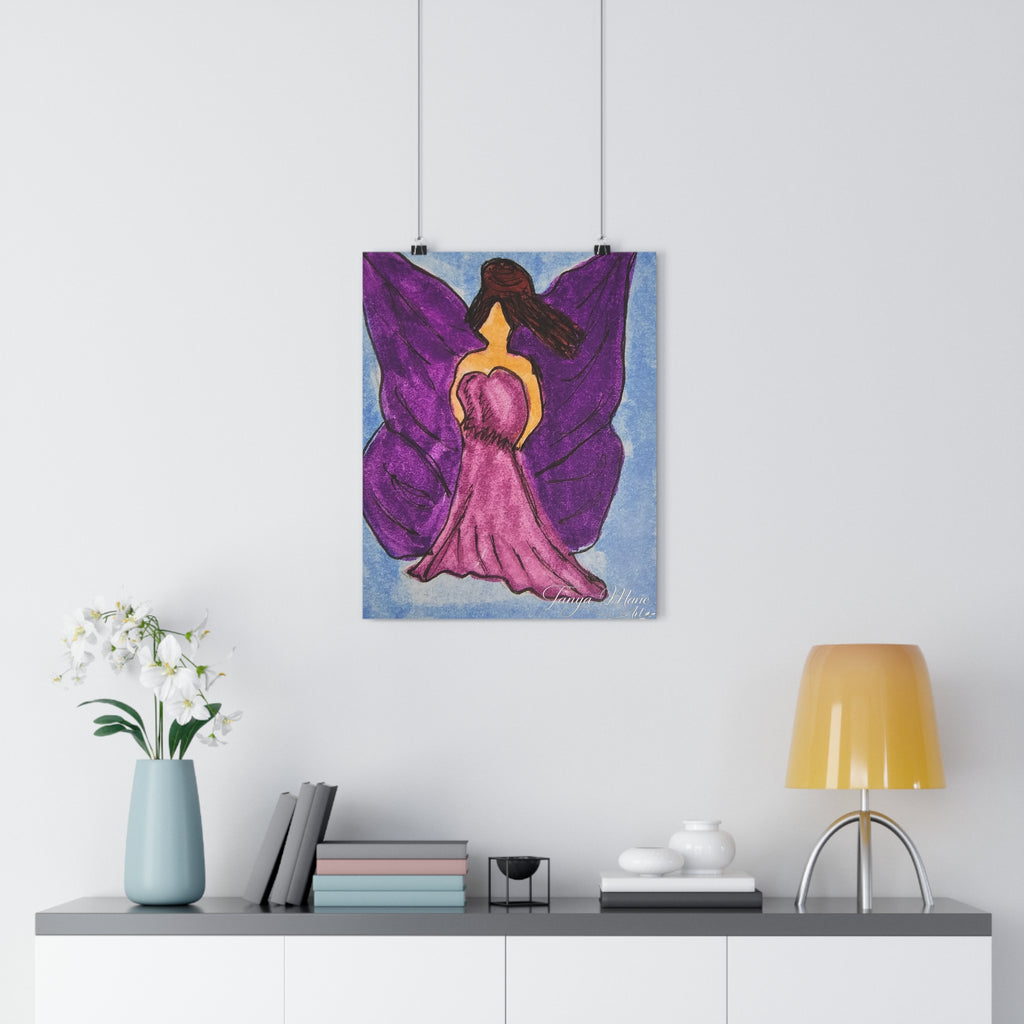 Giclée art print of a fairy woman in a pink dress with purple wings